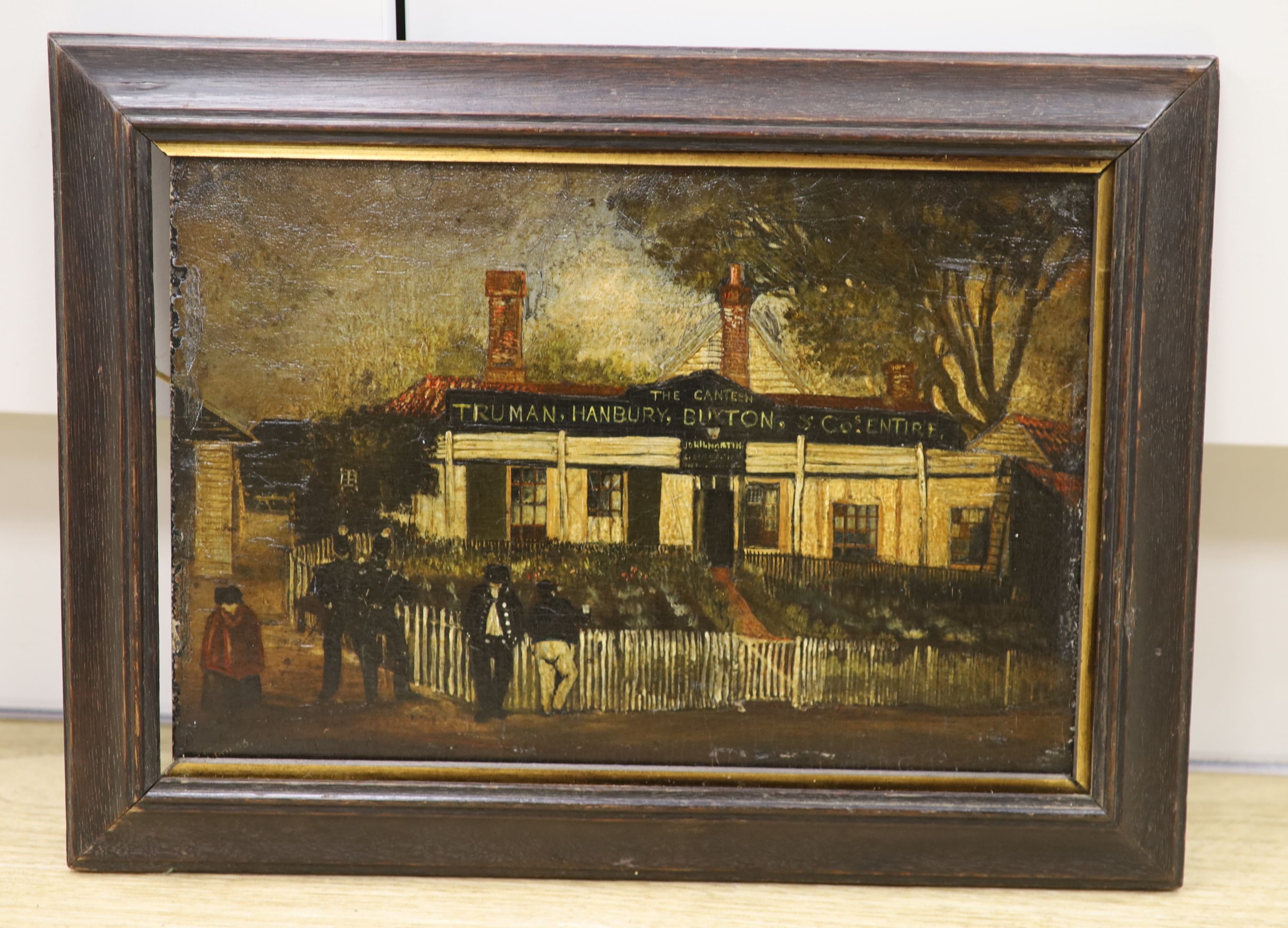 19th century English Primitive School, oil on board, 'Figures outside The Canteen, Truman Hanbury, Buxton & Co Entire', signed and dated, 22 x 32cm